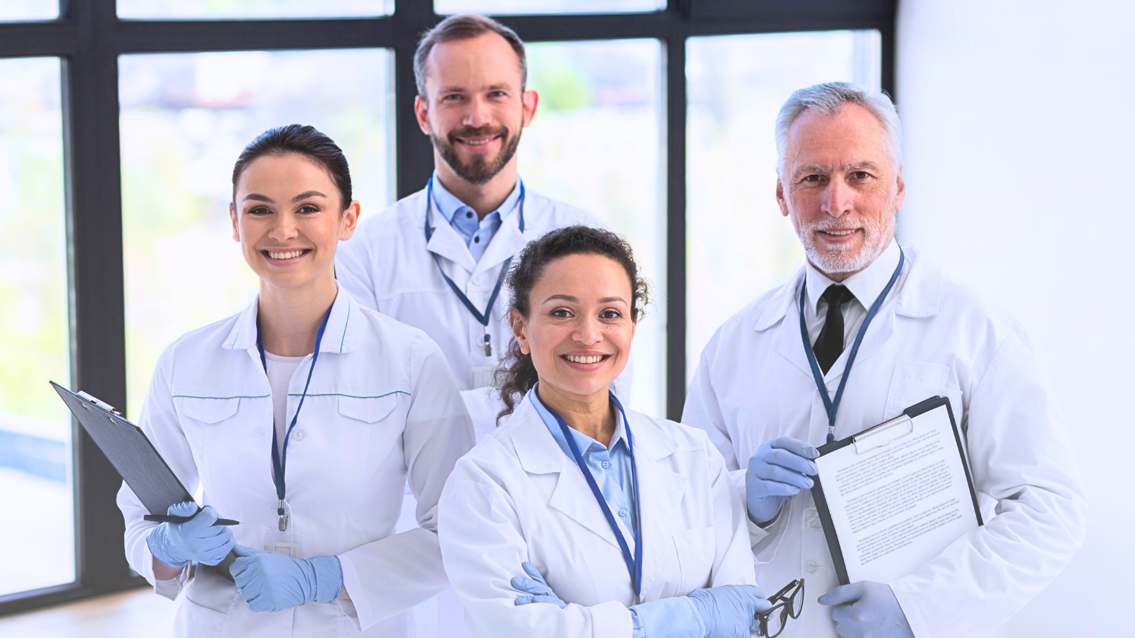 A group of doctors stands together in front of a large window, dressed in white coats and engaged in conversation about their expertise in healthcare translations.